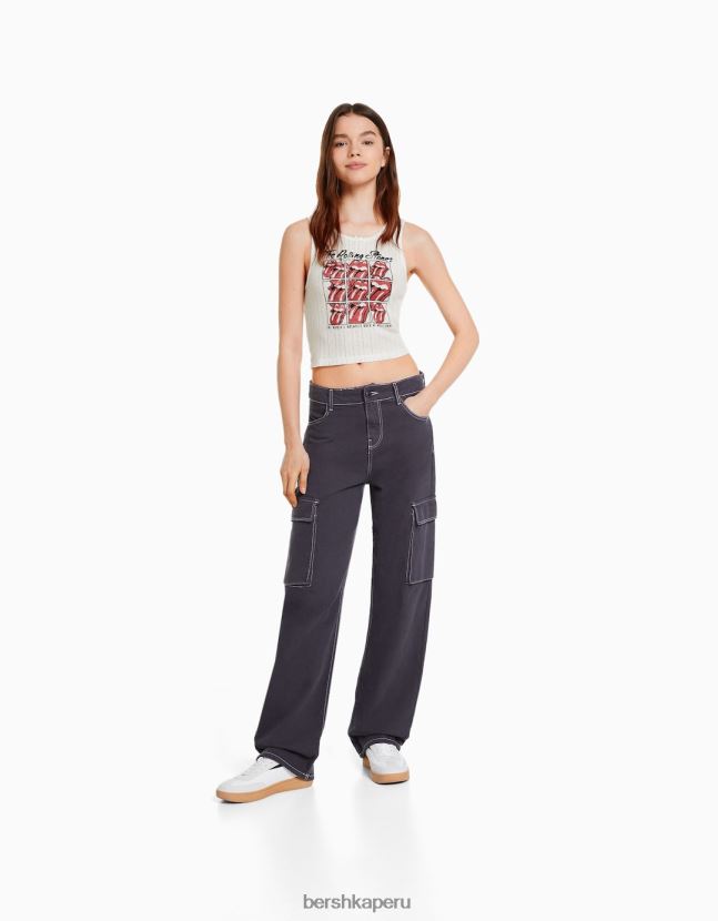 blanco Bershka mujer camiseta sin mangas de punto pointelle con estampado de piedras rodantes 806J6B628