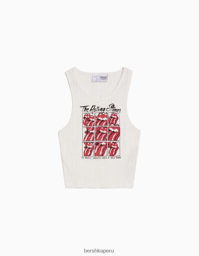 blanco Bershka mujer camiseta sin mangas de punto pointelle con estampado de piedras rodantes 806J6B628