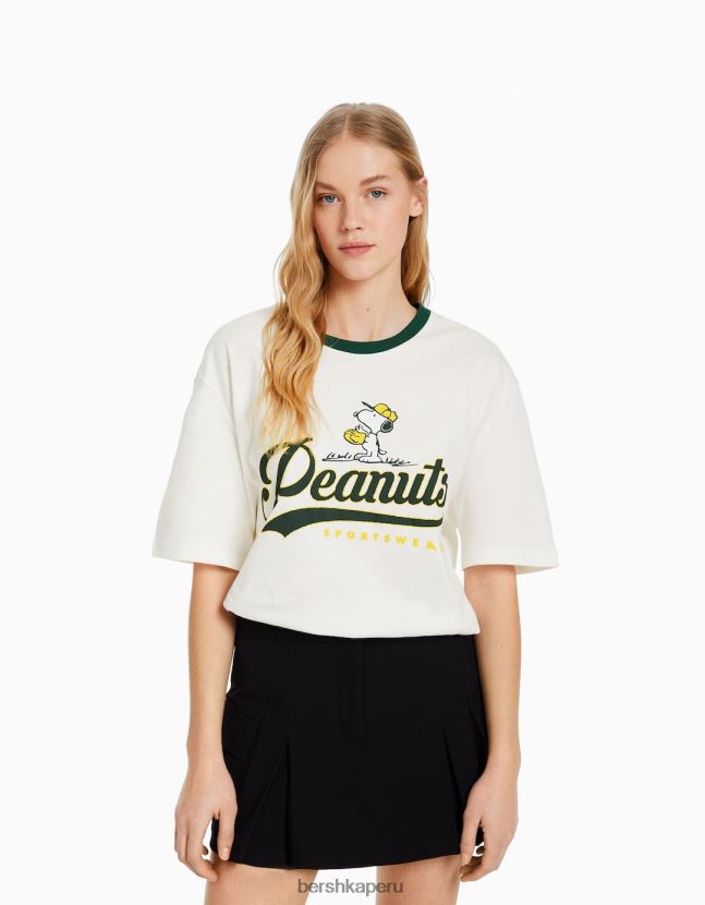 blanco Bershka mujer playera de manga corta con estampado de Snoopy 806J6B564