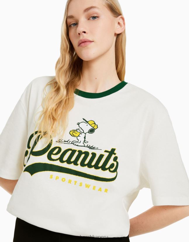 blanco Bershka mujer playera de manga corta con estampado de Snoopy 806J6B564
