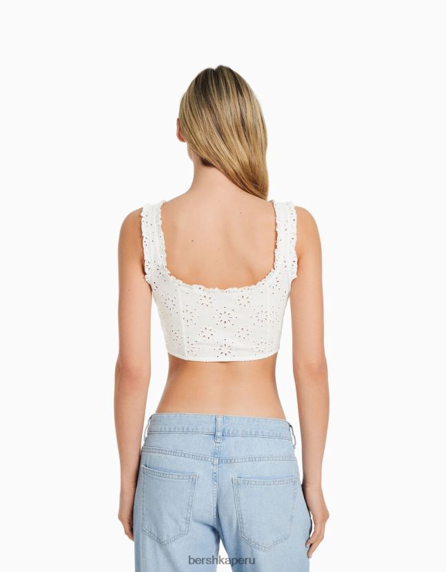 blanco Bershka mujer top corto estilo corsé con bordado suizo 806J6B516