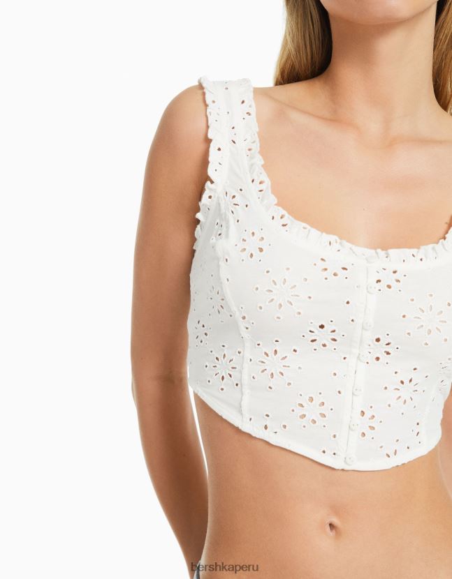 blanco Bershka mujer top corto estilo corsé con bordado suizo 806J6B516