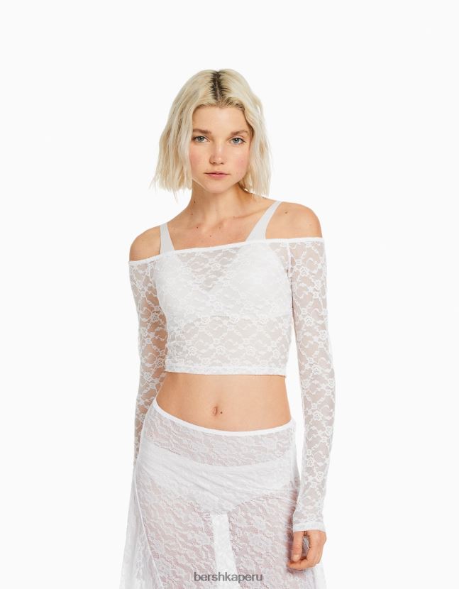 blanco Bershka mujer top de encaje rubio de manga larga 806J6B501
