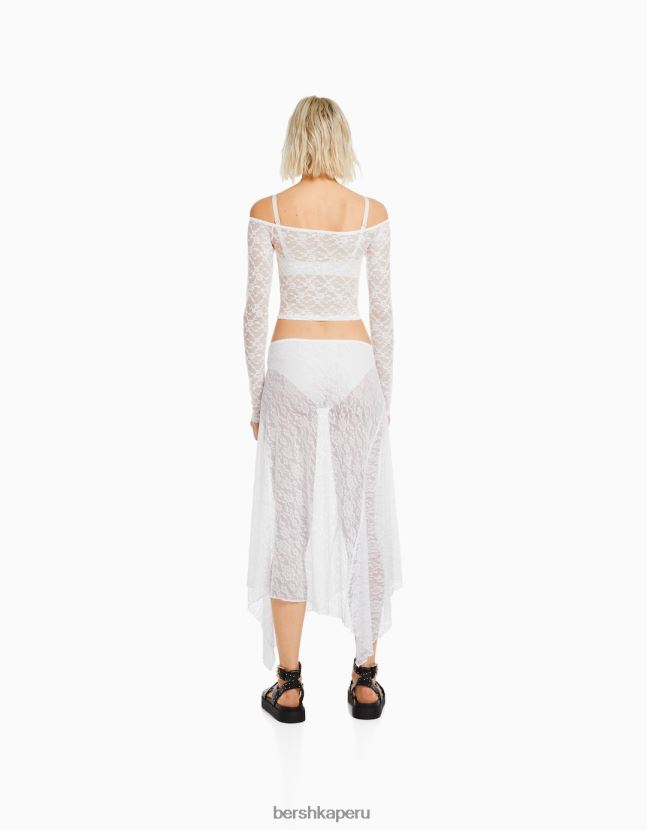 blanco Bershka mujer top de encaje rubio de manga larga 806J6B501