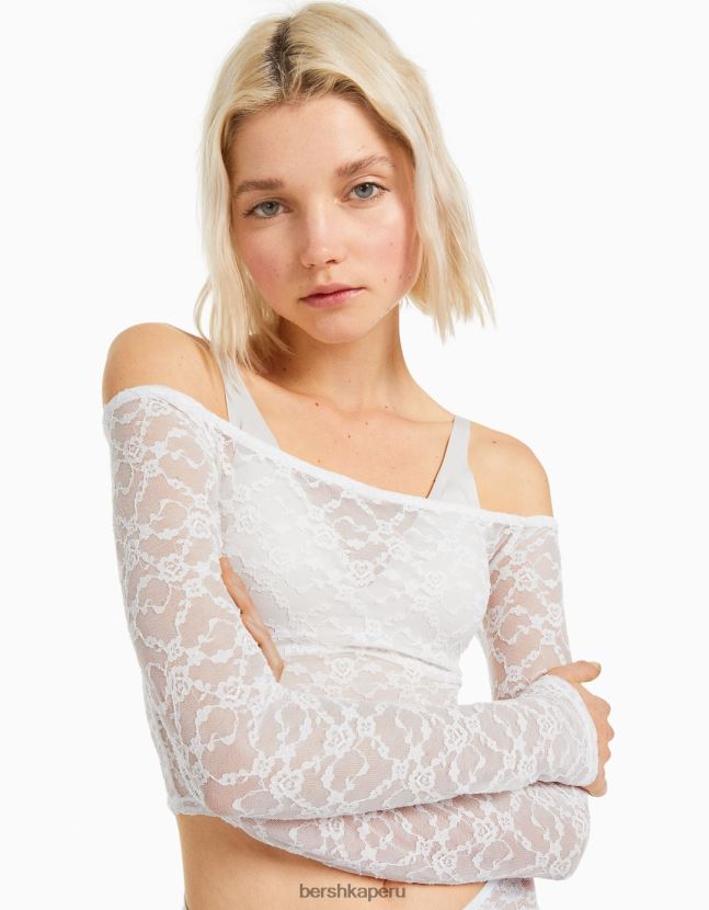 blanco Bershka mujer top de encaje rubio de manga larga 806J6B501