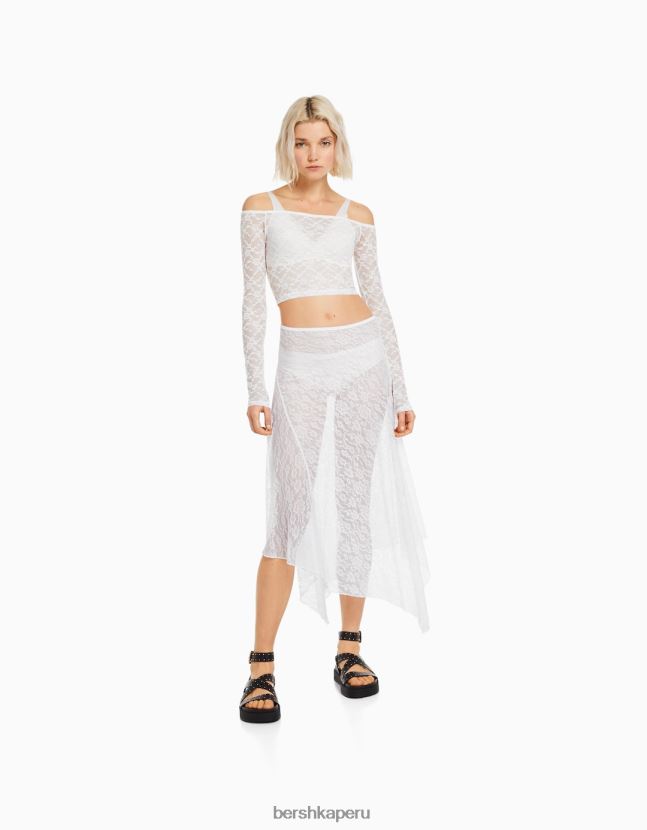 blanco Bershka mujer top de encaje rubio de manga larga 806J6B501
