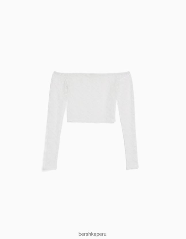 blanco Bershka mujer top de encaje rubio de manga larga 806J6B501