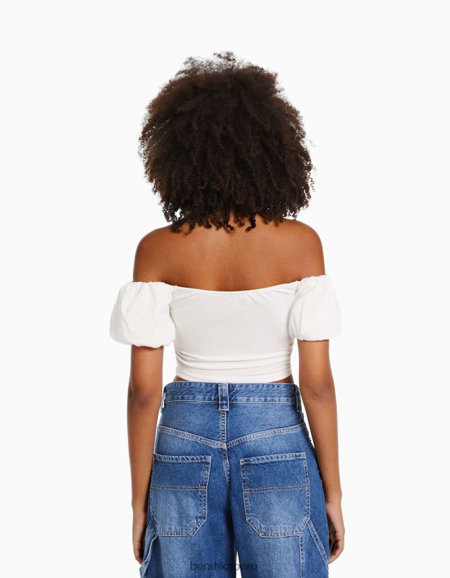 blanco Bershka mujer top de popelina de algodón de manga corta 806J6B378