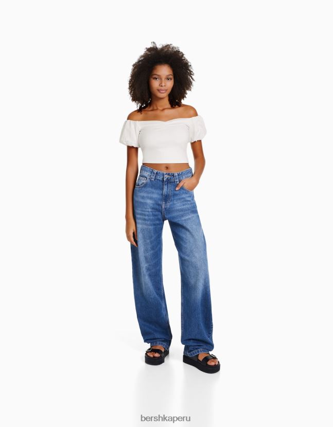 blanco Bershka mujer top de popelina de algodón de manga corta 806J6B378