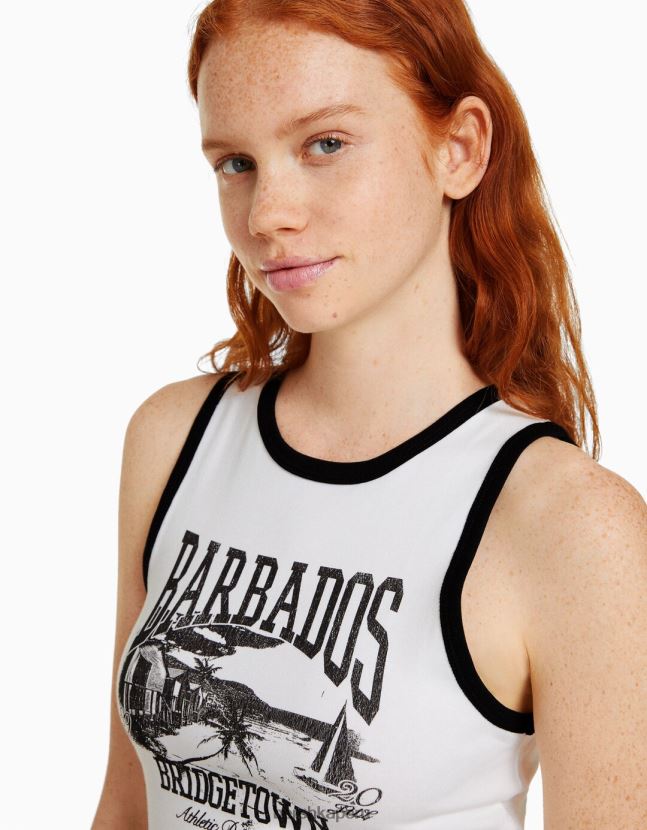 blanco negro Bershka mujer camiseta corta estampada sin mangas 806J6B293