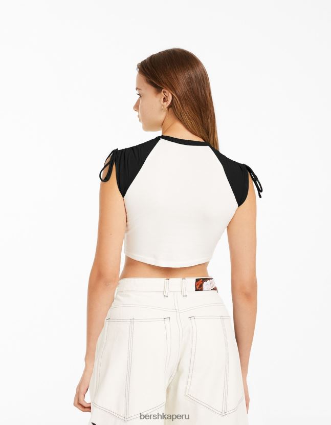 blanco negro Bershka mujer camiseta de manga corta estampada con frunces 806J6B624
