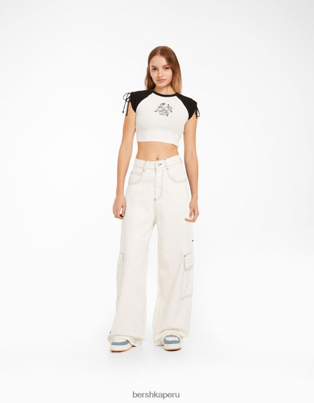 blanco negro Bershka mujer camiseta de manga corta estampada con frunces 806J6B624