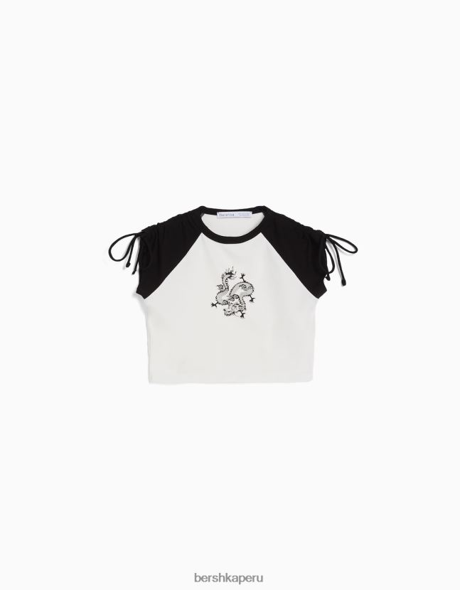 blanco negro Bershka mujer camiseta de manga corta estampada con frunces 806J6B624
