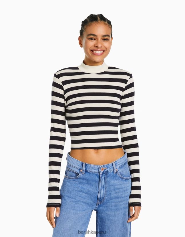 blanco negro Bershka mujer camiseta de manga larga con cuello alto 806J6B409