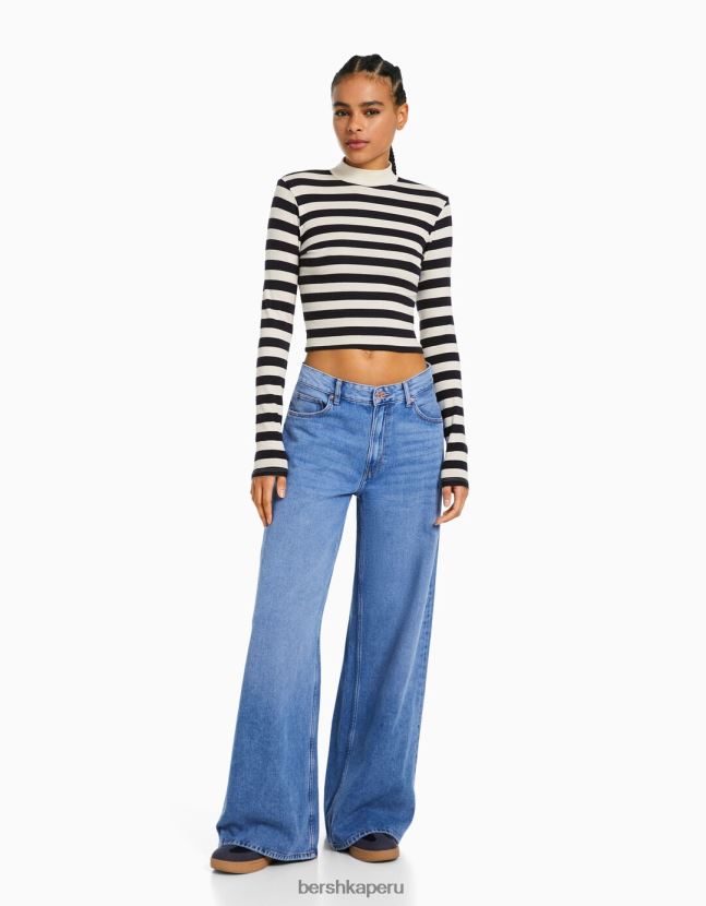 blanco negro Bershka mujer camiseta de manga larga con cuello alto 806J6B409
