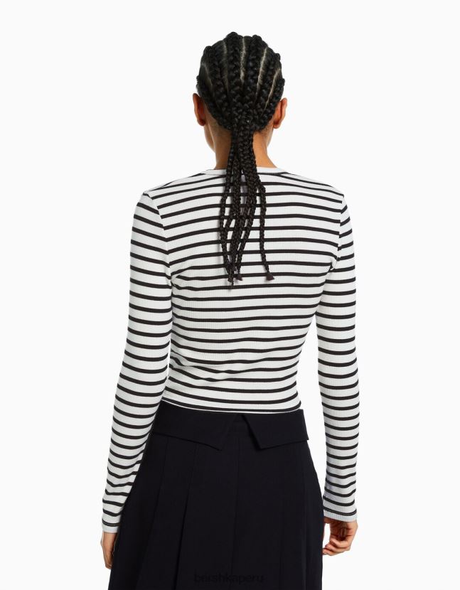blanco negro Bershka mujer camiseta de manga larga de canalé 806J6B435