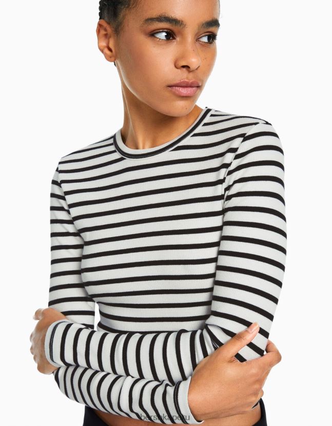 blanco negro Bershka mujer camiseta de manga larga de canalé 806J6B435