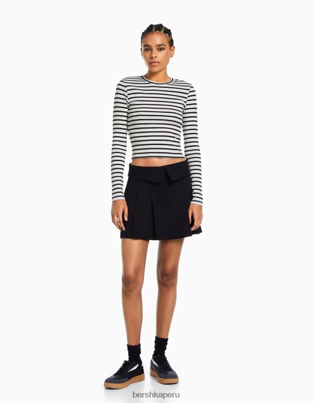 blanco negro Bershka mujer camiseta de manga larga de canalé 806J6B435