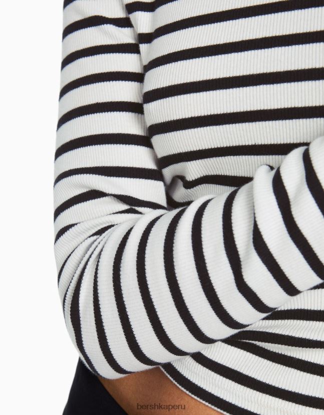 blanco negro Bershka mujer camiseta de manga larga de canalé 806J6B435