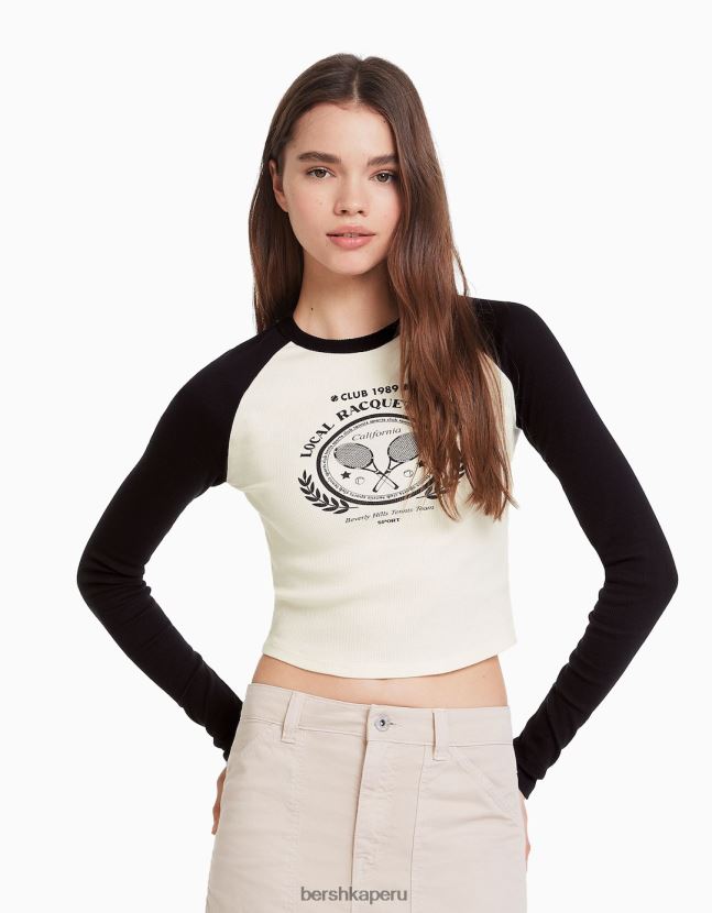 blanco negro Bershka mujer camiseta de manga larga estilo raglán 806J6B643