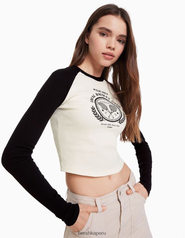 blanco negro Bershka mujer camiseta de manga larga estilo raglán 806J6B643