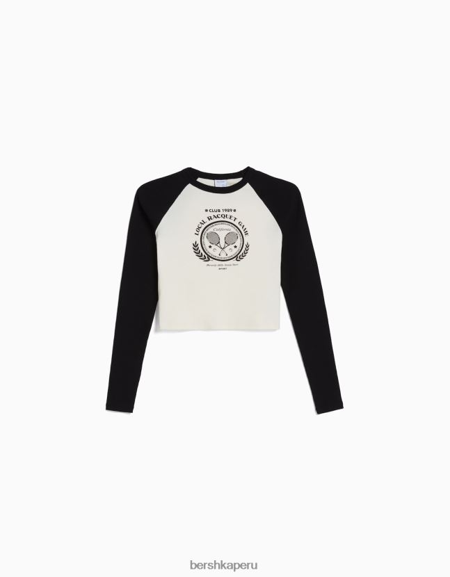 blanco negro Bershka mujer camiseta de manga larga estilo raglán 806J6B643