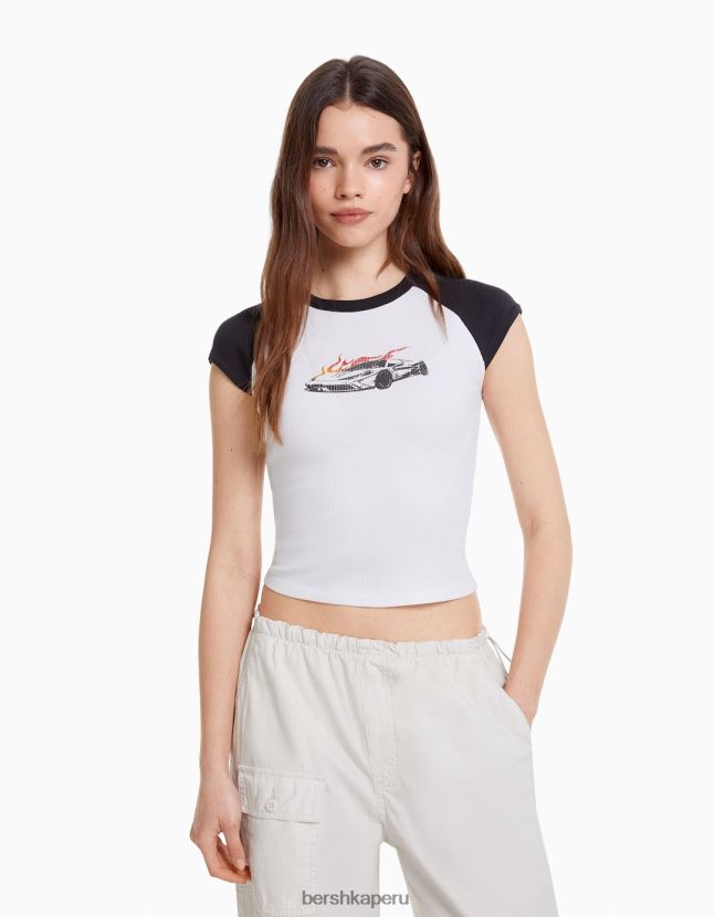 blanco negro Bershka mujer camiseta estampada con mangas raglán cortas 806J6B388