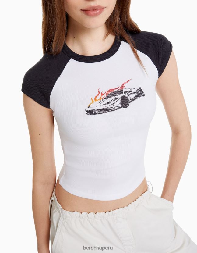 blanco negro Bershka mujer camiseta estampada con mangas raglán cortas 806J6B388