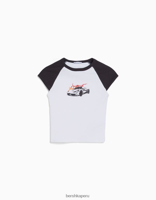 blanco negro Bershka mujer camiseta estampada con mangas raglán cortas 806J6B388