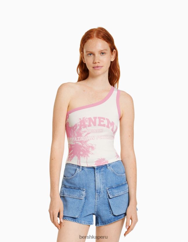 blanquecino Bershka mujer camiseta corta estampada con tiras 806J6B655