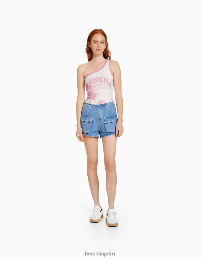 blanquecino Bershka mujer camiseta corta estampada con tiras 806J6B655