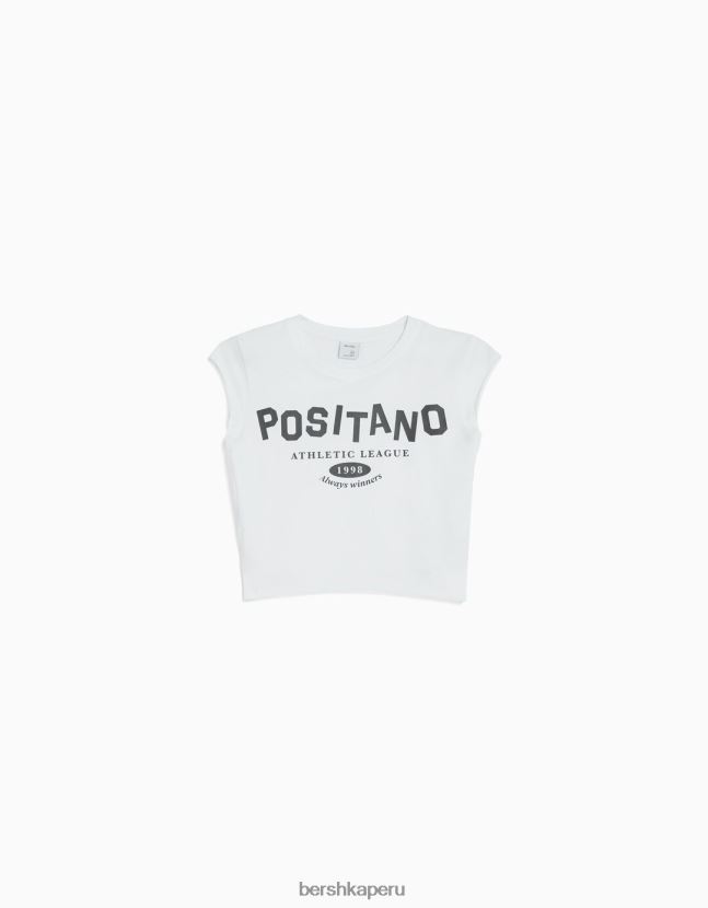 blanquecino Bershka mujer camiseta cropped de manga corta con estampado 806J6B451