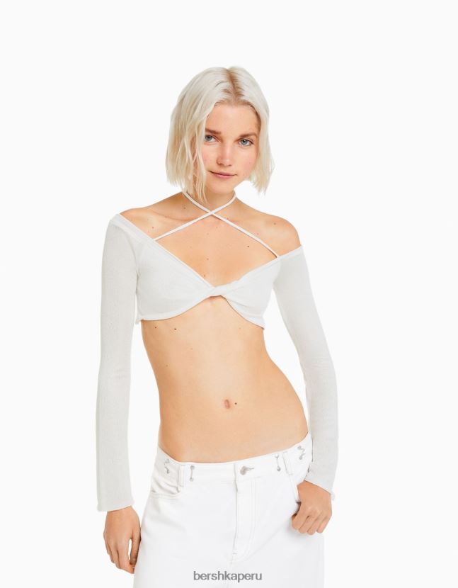 blanquecino Bershka mujer camiseta cropped de manga larga con nudo multiposición 806J6B455
