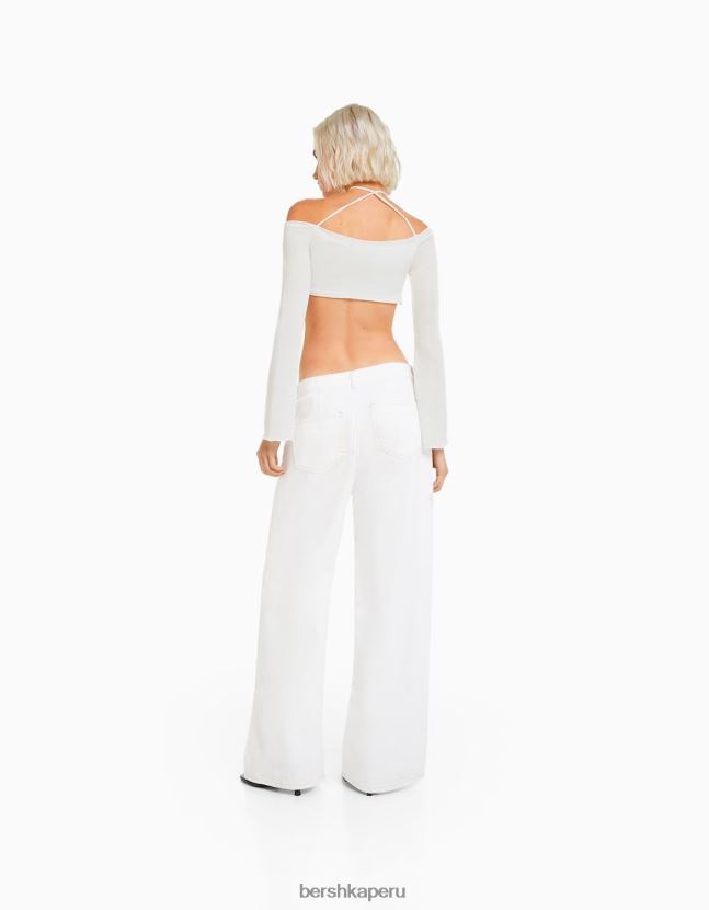 blanquecino Bershka mujer camiseta cropped de manga larga con nudo multiposición 806J6B455