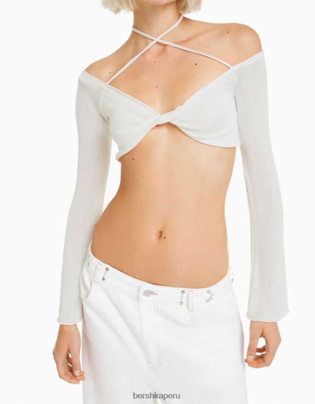 blanquecino Bershka mujer camiseta cropped de manga larga con nudo multiposición 806J6B455