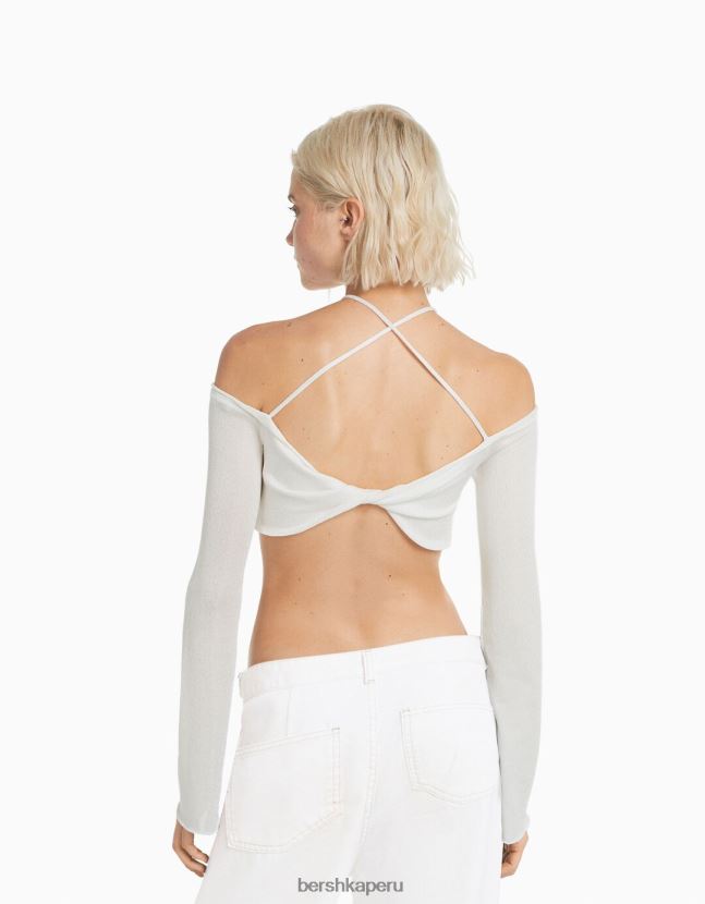 blanquecino Bershka mujer camiseta cropped de manga larga con nudo multiposición 806J6B455