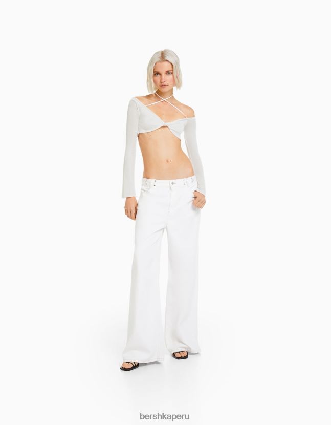 blanquecino Bershka mujer camiseta cropped de manga larga con nudo multiposición 806J6B455