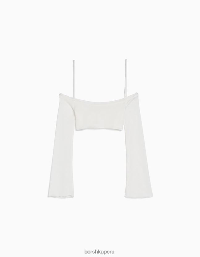 blanquecino Bershka mujer camiseta cropped de manga larga con nudo multiposición 806J6B455