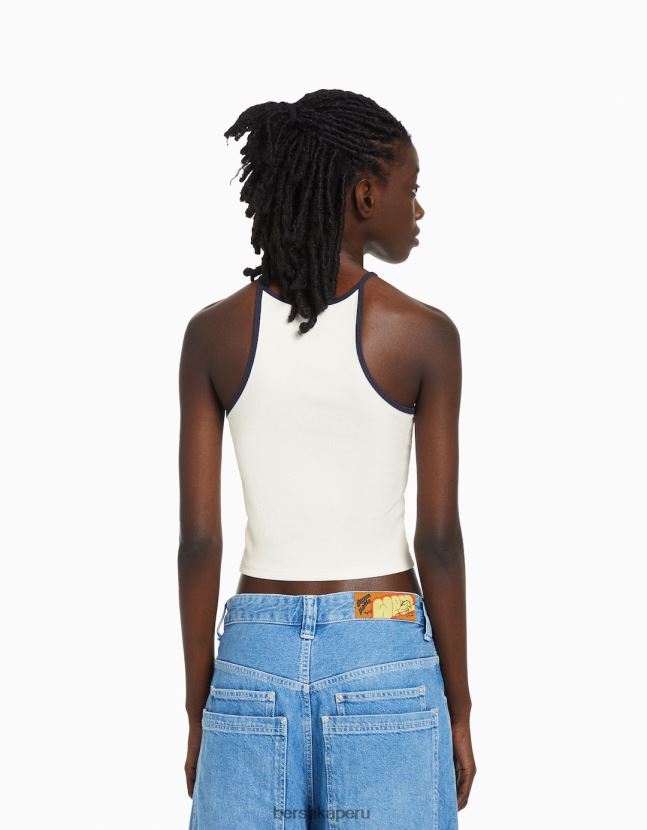 blanquecino Bershka mujer camiseta de canalé estampada con tirantes 806J6B888