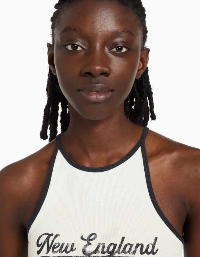 blanquecino Bershka mujer camiseta de canalé estampada con tirantes 806J6B888