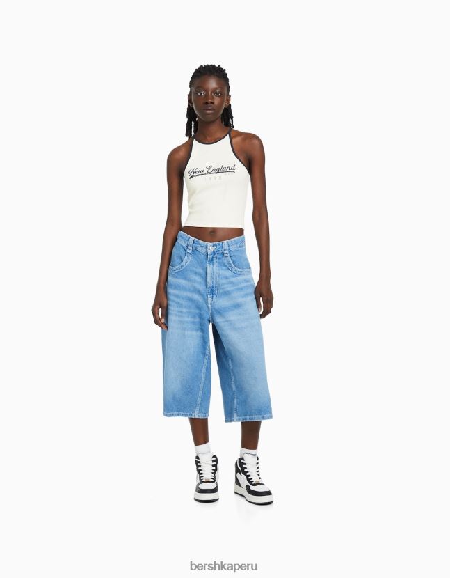 blanquecino Bershka mujer camiseta de canalé estampada con tirantes 806J6B888