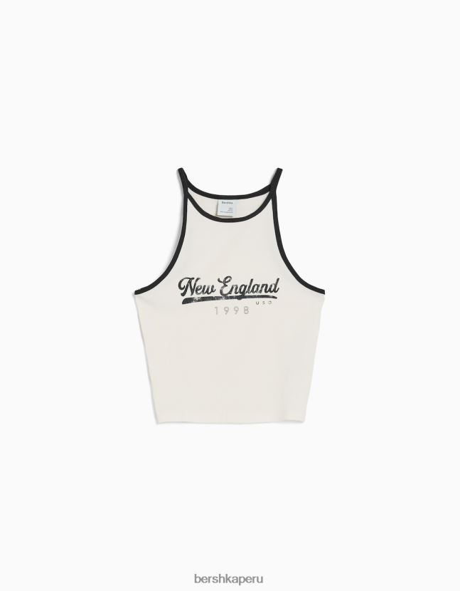 blanquecino Bershka mujer camiseta de canalé estampada con tirantes 806J6B888