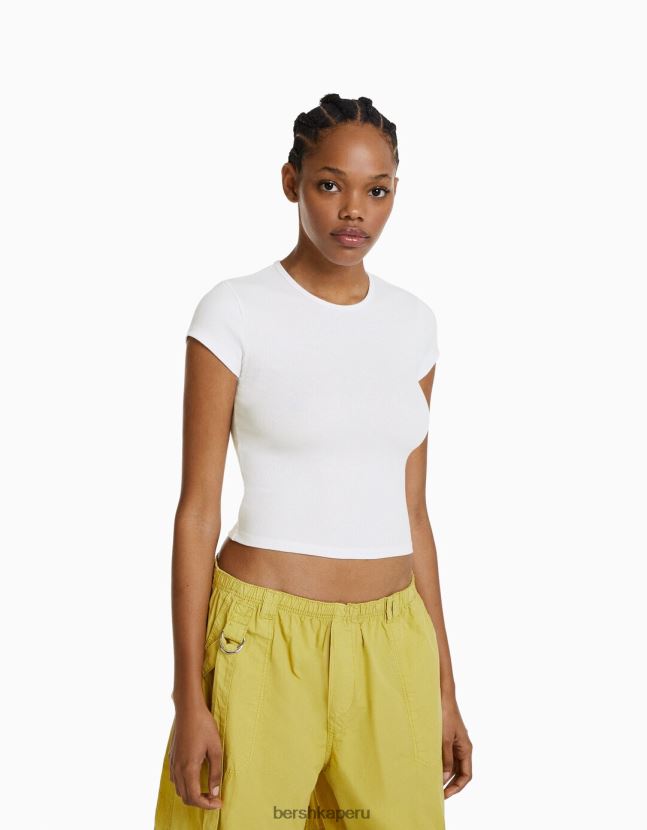 blanquecino Bershka mujer camiseta de canalé manga corta 806J6B347