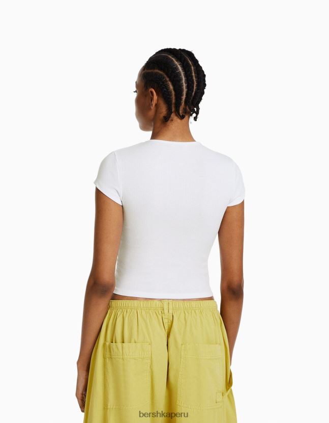 blanquecino Bershka mujer camiseta de canalé manga corta 806J6B347