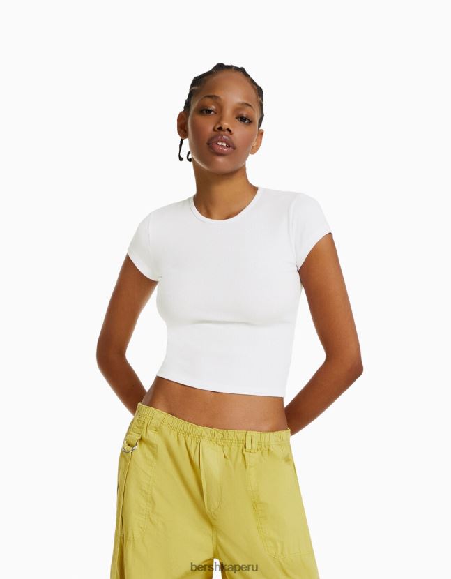 blanquecino Bershka mujer camiseta de canalé manga corta 806J6B347
