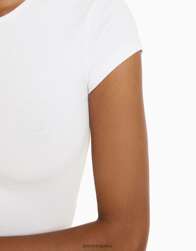 blanquecino Bershka mujer camiseta de canalé manga corta 806J6B347