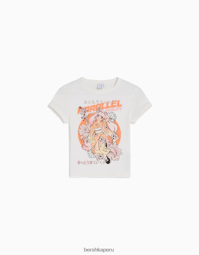 blanquecino Bershka mujer camiseta de manga corta con estampado 806J6B297