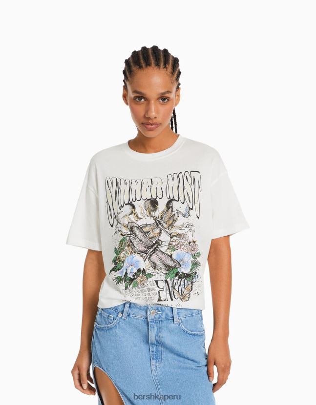 blanquecino Bershka mujer camiseta de manga corta con estampado 806J6B360