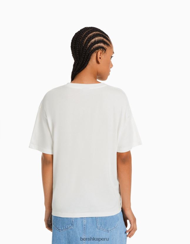 blanquecino Bershka mujer camiseta de manga corta con estampado 806J6B360