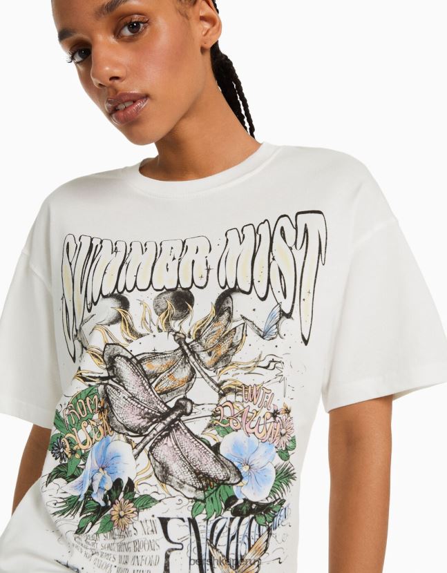 blanquecino Bershka mujer camiseta de manga corta con estampado 806J6B360